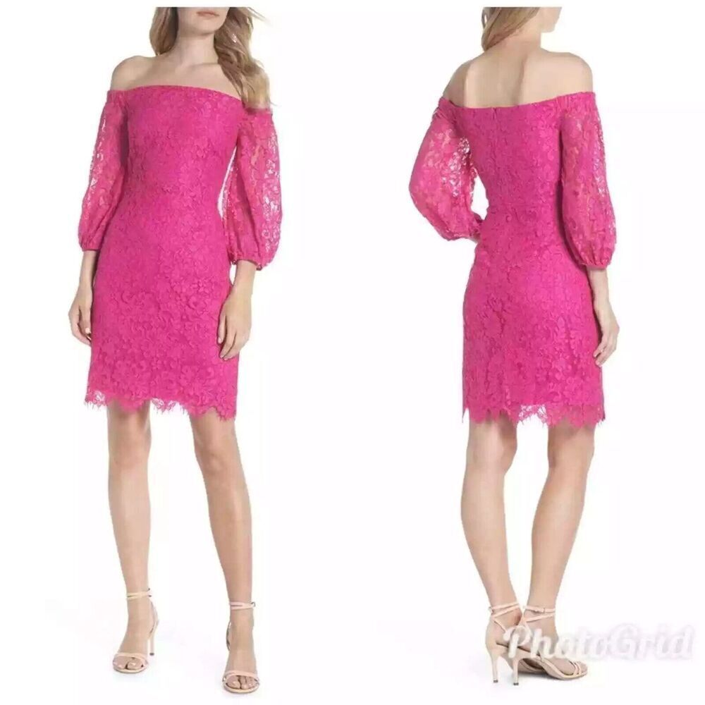 Trina Turk Azul Off The Shoulder Lace Dress in Brilliant Fushia Women's Size 12